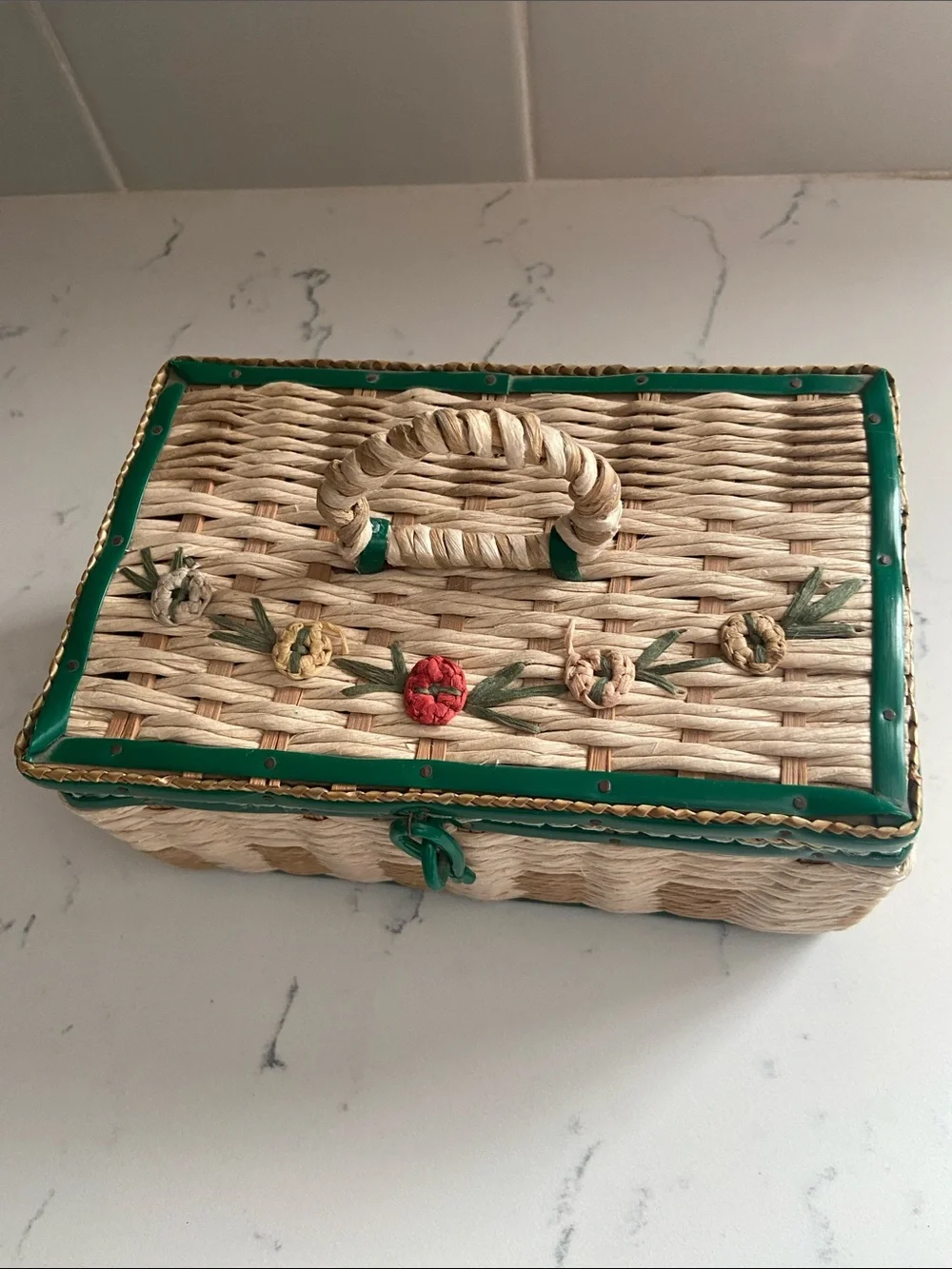 Vintage 1950s Woven Sewing Basket Green Floral Raffia